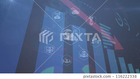 Image of icons in hexagons over bar graph, loading circles and red arrow declining Image of icons in hexagons over bar graph, loading circles and red arrow declining 116222338