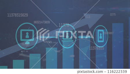 Image of icons connected with lines over graphs with upwards arrow and changing numbers 116222339