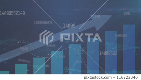 Image of icons connected with lines over graphs with upwards arrow and changing numbers Image of icons connected with lines over graphs with upwards arrow and changing numbers 116222340