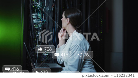 Image of social media icons and numbers over caucasian female it technician by computer server Image of social media icons and numbers over caucasian female it technician by computer server 116222341