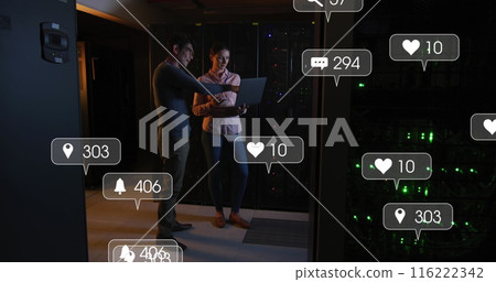 Image of social media icons over diverse male and female engineer using laptop at server room Image of social media icons over diverse male and female engineer using laptop at server room 116222342