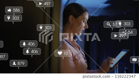 Image of social media icons and numbers over caucasian female it technician by computer server 116222347