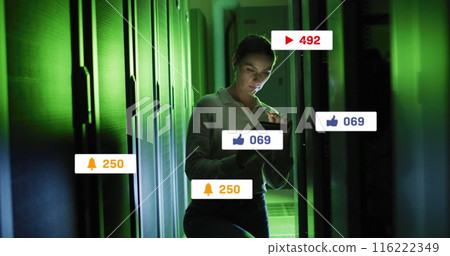Image of social media icons and numbers over caucasian female it technician by computer server 116222349