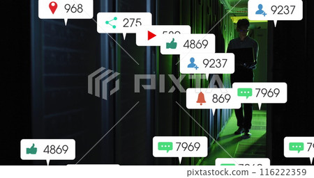 Image of social media icons and numbers over asian male it technician by computer server 116222359