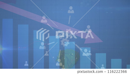 Image of network of digital icons and statistical data processing against blue background Image of network of digital icons and statistical data processing against blue background 116222366