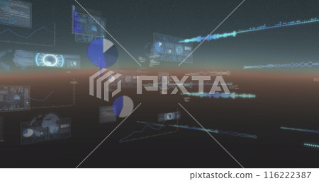 Image of screens with data processing against dual tone background Image of screens with data processing against dual tone background 116222387