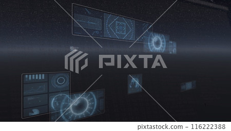 Image of screens with round scanner and data processing against space Image of screens with round scanner and data processing against space 116222388