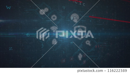 Image of digital icons and cyber security data processing against blue light spot Image of digital icons and cyber security data processing against blue light spot 116222389