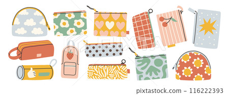Cute pencil case set. Collection of pencil cases. Cute design in pastel colors. Flat design style vector illustration. Cute pencil case set. Collection of pencil cases. Cute design in pastel colors. Flat design style vector illustration. 116222393