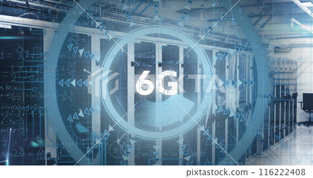 Image of 6g text over round scanner and mathematical equations against computer server room Image of 6g text over round scanner and mathematical equations against computer server room 116222408