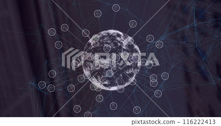 Image of icons in circles around globe over connected dots against abstract background Image of icons in circles around globe over connected dots against abstract background 116222413