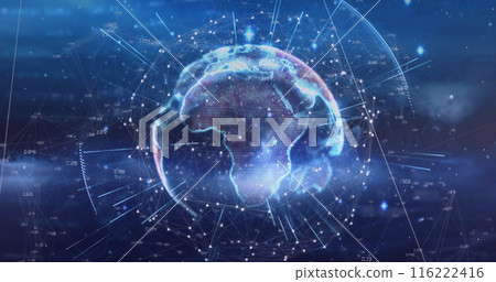 Image of rays around illuminated rotating globe in circles, numbers over abstract background Image of rays around illuminated rotating globe in circles, numbers over abstract background 116222416