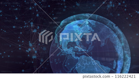 Image of network of connections floating over a globe against blue background 116222421