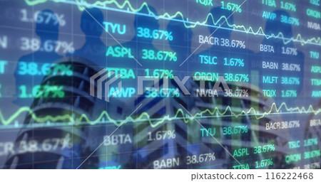 Image of stock market data processing over silhouettes of businesspeople against tall buildings 116222468