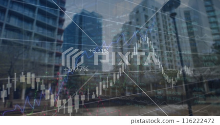 Image of financial and stock market data processing against tall buildings 116222472