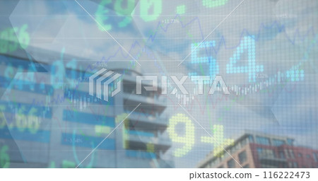Image of financial and stock market data processing against tall buildings 116222473