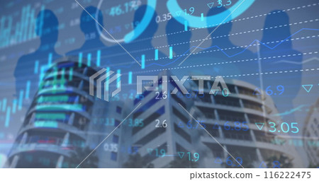 Image of stock market data processing over silhouettes of businesspeople against tall buildings Image of stock market data processing over silhouettes of businesspeople against tall buildings 116222475