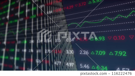 Image of stock market data processing against low angle view of a tall building 116222476