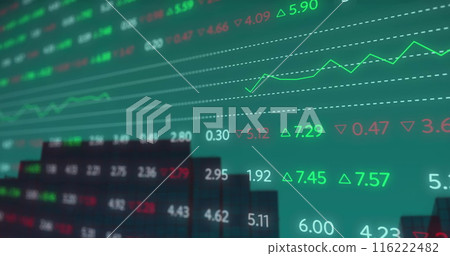 Image of stock market data with green and red numbers and graphs displayed on digital screen 116222482