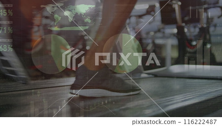 Image of statistical data processing over low section of woman running on treadmill at the gym 116222487