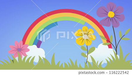 Image of flowers and grass over rainbow on blue background Image of flowers and grass over rainbow on blue background 116222542