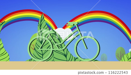 Image of green bike and leaves over rainbow on blue background 116222543