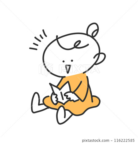 可愛的女孩微笑著讀書，有趣的簡單線條畫插圖 116222585