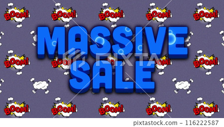 Image of massive sale text over multicolored circular pattern against boom text on clouds 116222587