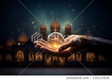 Moslem Hand praying with magic light. orange bokeh Mosque Silhouette. Ramadan Kareem, iftar festival or Eid Mubarak banner background 116222626