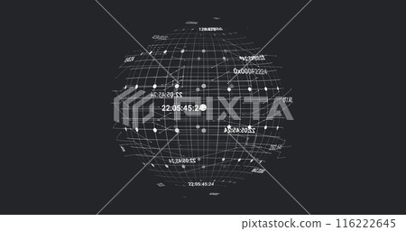Image of connected dots, numbers and grid pattern around globe over abstract background 116222645