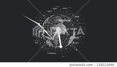 Image of connected dots, numbers and grid pattern around globe over abstract background Image of connected dots, numbers and grid pattern around globe over abstract background 116222646