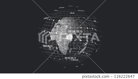 Image of connected dots, numbers and grid pattern around globe over abstract background 116222647