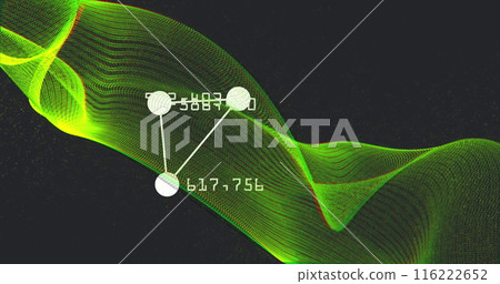Image of changing numbers around connected dots forming triangle over dynamic wave Image of changing numbers around connected dots forming triangle over dynamic wave 116222652