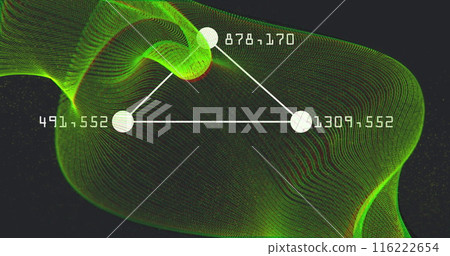 Image of changing numbers around connected dots forming triangle over dynamic wave 116222654