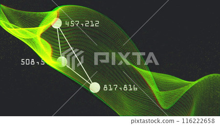 Image of changing numbers around connected dots forming triangle over dynamic wave Image of changing numbers around connected dots forming triangle over dynamic wave 116222658