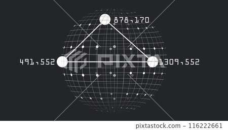 Image of numbers around connected dots forming triangle over globe on black background Image of numbers around connected dots forming triangle over globe on black background 116222661