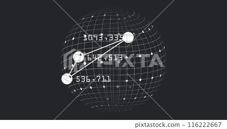 Image of numbers around connected dots forming triangle over globe on black background Image of numbers around connected dots forming triangle over globe on black background 116222667
