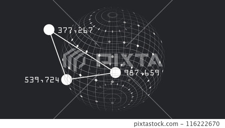 Image of numbers around connected dots forming triangle over globe on black background 116222670