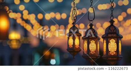Islamic Ramadan Kareem, iftar festival or Eid Mubarak banner background with hanging Arabic lanterns in the city. Panoramic twilight view 116222673