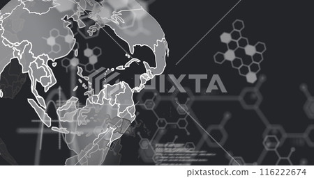 Image of computer language and molecule structures over rotating globe on black background Image of computer language and molecule structures over rotating globe on black background 116222674