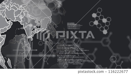 Image of computer language and molecule structures over rotating globe on black background Image of computer language and molecule structures over rotating globe on black background 116222677
