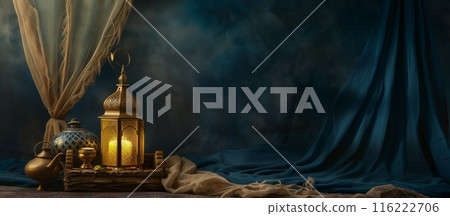 Arabic lanterns Light Lamp with dark blue grungy backdrop. Islamic Ramadan Kareem, iftar festival or Eid Mubarak banner background Arabic lanterns Light Lamp with dark blue grungy backdrop. Islamic Ramadan Kareem, iftar festival or Eid Mubarak banner background 116222706