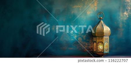 Arabic lanterns Light Lamp with dark blue grungy backdrop. Islamic Ramadan Kareem, iftar festival or Eid Mubarak banner background Arabic lanterns Light Lamp with dark blue grungy backdrop. Islamic Ramadan Kareem, iftar festival or Eid Mubarak banner background 116222707