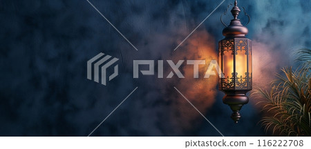 Arabic lanterns Light Lamp with dark blue grungy backdrop. Islamic Ramadan Kareem, iftar festival or Eid Mubarak banner background 116222708