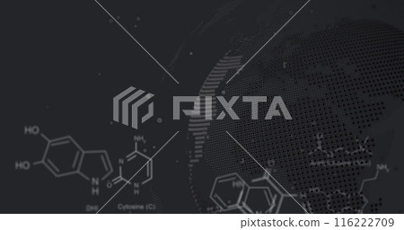 Image of molecule structures, computer language over dots on globe against abstract background 116222709