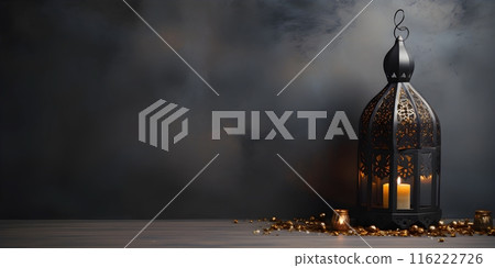 Arabic lanterns Light Lamp with dark grungy backdrop. Islamic Ramadan Kareem, iftar festival or Eid Mubarak banner background 116222726