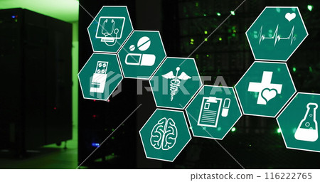 Image of medical icons over server room 116222765