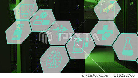 Image of medical icons over server room Image of medical icons over server room 116222766