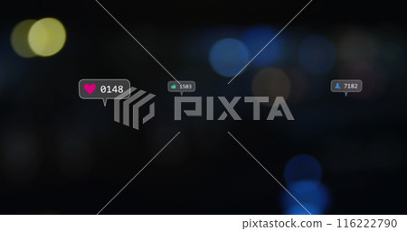 Image of social media icons against colorful spots of light against black background 116222790