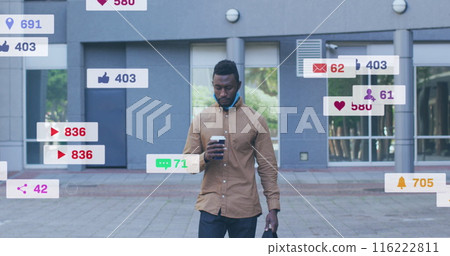 Image of social media icons and numbers over african american man walking with coffee 116222811